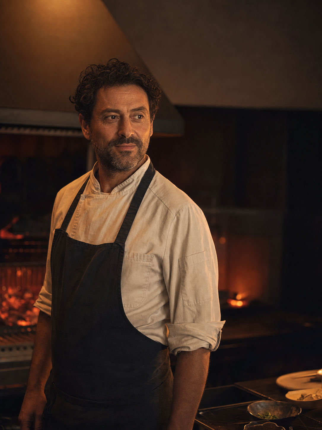 Chef Karim Sadek standing beside the open-fire pass in Nocturnal’s shadowed kitchen