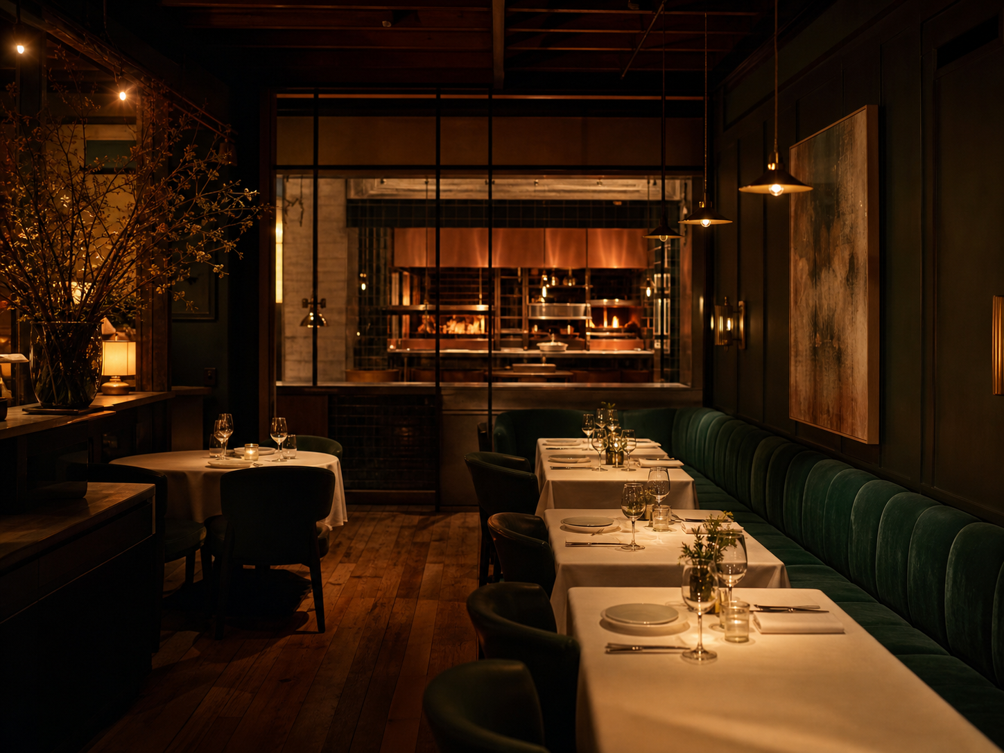 Nocturnal’s low-lit dining room with a deep green banquette and open ember kitchen