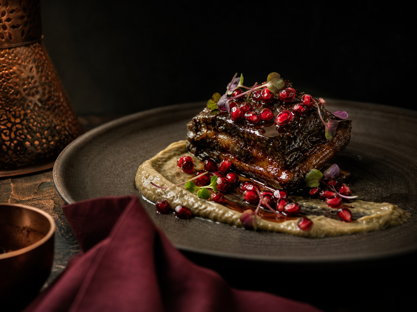 Slow-cooked short rib with smoked aubergine and pomegranate on dark ceramic